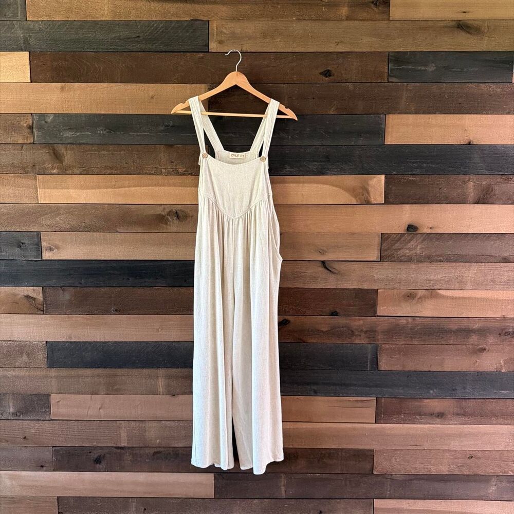 Style U Linen Blend Wide Leg Overall Jumpsuit Boho Pinafore Romper Pockets M